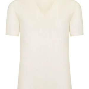 Sintonia - Maglietta con scollo a V in tessuto doubleface - B.co Lana