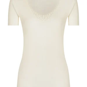 Sintonia Luxury - Maglietta a manica corta lana fuori e cotone sulla pelle con pizzo - B.co Lana