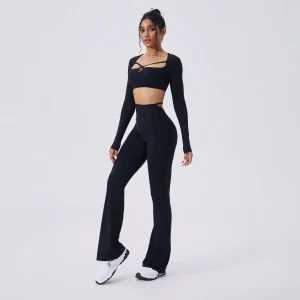 Completo Pantaloni Evasé a Vita Alta Slim-Fit con Maniche Lunghe e Scollo Rotondo Color-Block