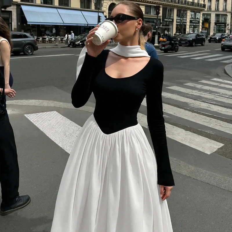 Abito Lungo da Donna Sexy Senza Spalline con Maniche Lunghe Patchwork a Contrasto - immagine 3