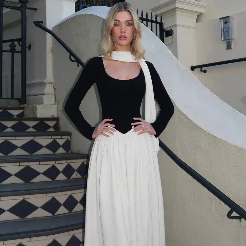 Abito Lungo da Donna Sexy Senza Spalline con Maniche Lunghe Patchwork a Contrasto - immagine 4