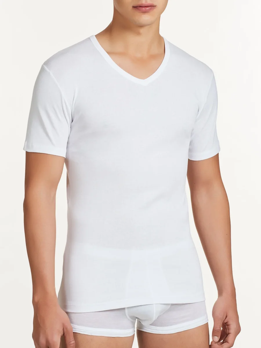 Rib - Maglietta scollo a V in maglia unita di cotone - White - immagine 3