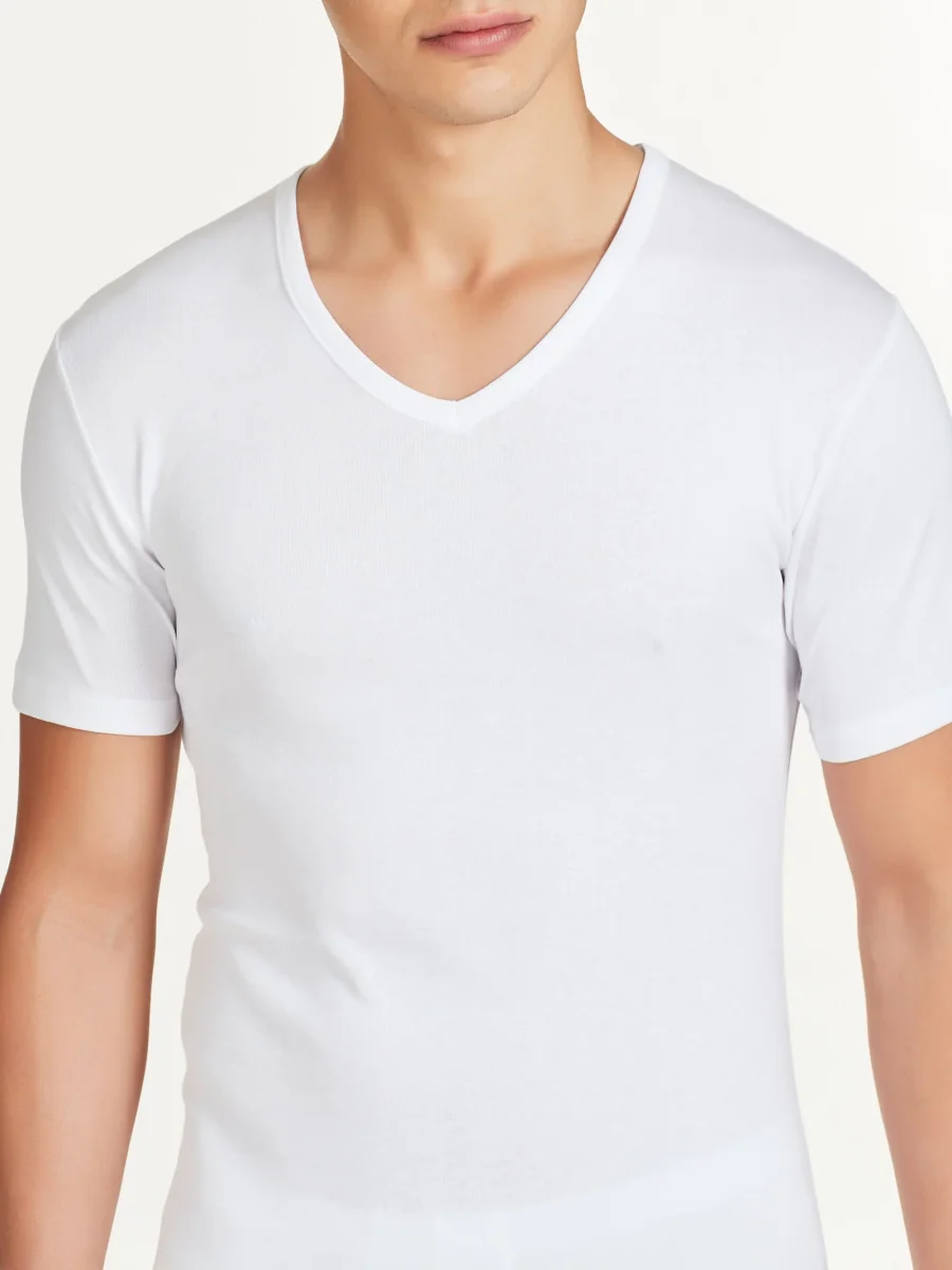 Rib - Maglietta scollo a V in maglia unita di cotone - White - immagine 5