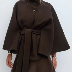 Cappotto Invernale Scollo a Dolcevita Manica a Pipistrello con Cintura Elegante Sciolto Bottoni Trench Coat da Donna