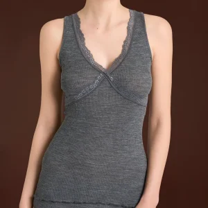 Lana Seta - Canottiera spalla larga in costina di lana e seta - Ardesia Mel.