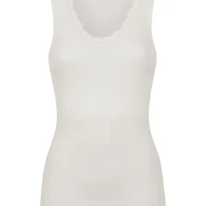 Wonderwool - Canottiera a spalla larga in costina di lana ultrafine con profili in pizzo - B.co Seta