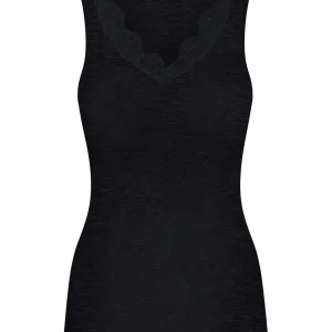 Wonderwool - Canottiera a spalla larga in costina di lana ultrafine con profili in pizzo - Nero