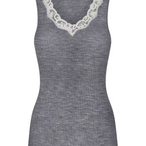 Wonderwool - Canottiera a spalla larga in costina di lana ultrafine con profili in pizzo - Vapore Mel.