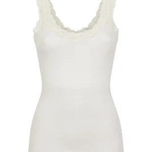 Wonderwool - Canottiera a spalla stretta in costina di lana ultrafine con profili in pizzo. - B.co Seta