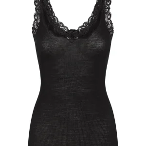 Wonderwool - Canottiera a spalla stretta in costina di lana ultrafine con profili in pizzo. - Nero