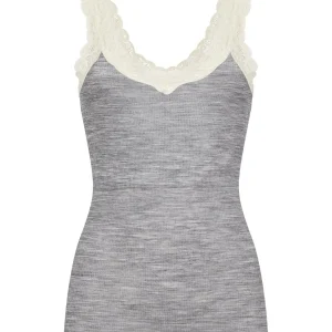 Wonderwool - Canottiera a spalla stretta in costina di lana ultrafine con profili in pizzo. - Vapore Mel.