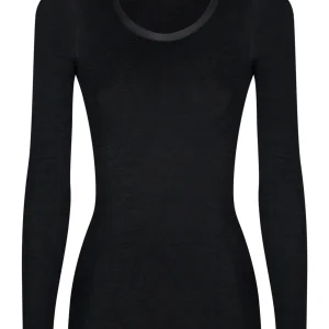 Wonderwool - Maglietta manica lunga in lana ultrafine con profili in raso	 - Nero