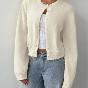 Cardigan Lavorato a Maglia Chic a Maniche Lunghe Moda Maglione Corto Tinta Unita per Abbigliamento da Donna