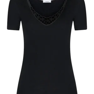 Lana Seta - Maglietta a manica corta in lana e seta con macramè - Nero