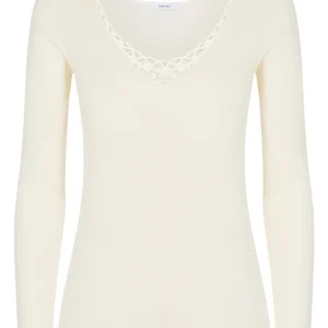 Lana Seta - Maglietta a manica lunga in lana e seta con macramè - B.co Lana