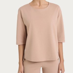 Maglia corta girocollo in Compact Light - Warm Taupe