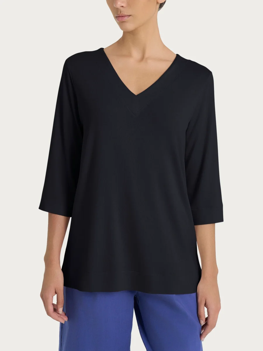 Maglietta con doppio scollo a V in jersey di viscosa crêpe - Nero - immagine 2