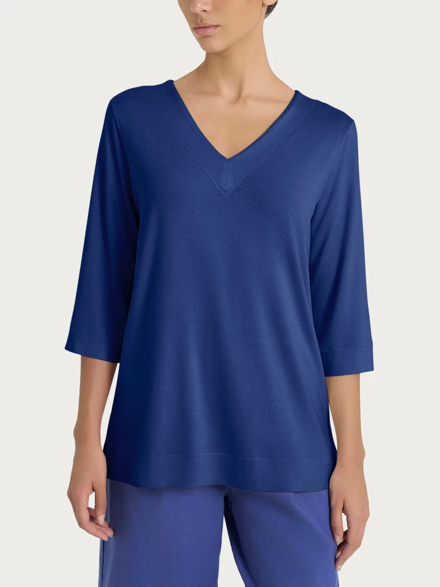Maglietta con doppio scollo a V in jersey di viscosa crêpe - Blueberry
