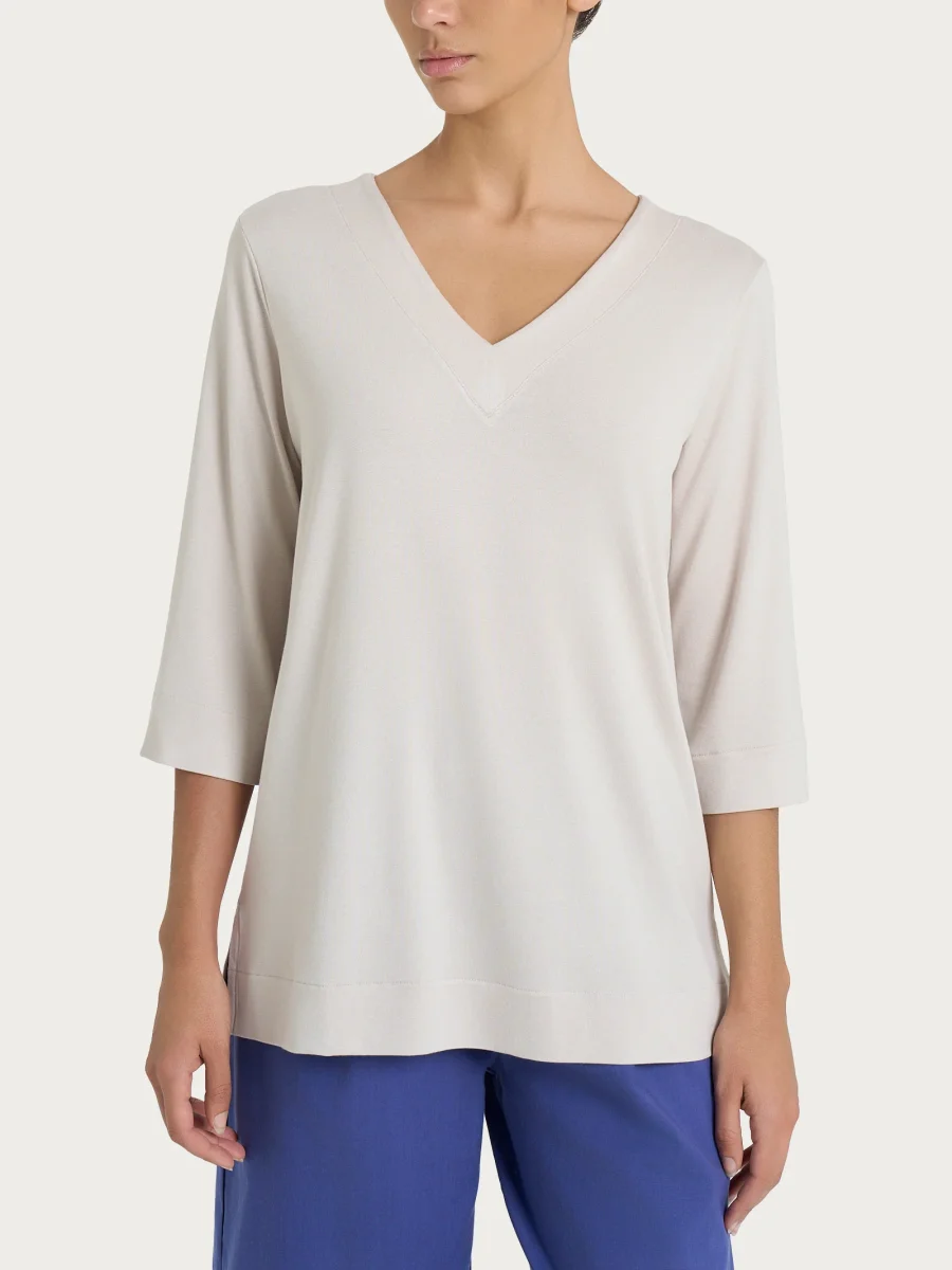 Maglietta con doppio scollo a V in jersey di viscosa crêpe - Champignon
