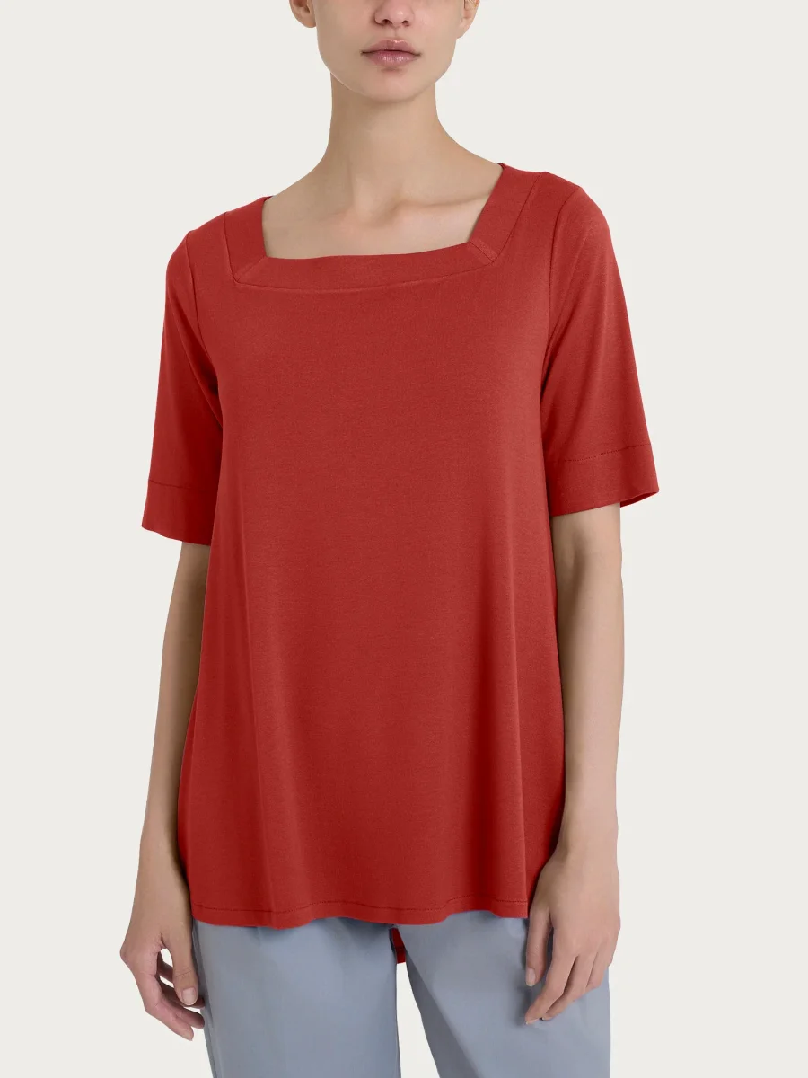 Maglietta con manica 3/4 in jersey di viscosa crêpe - Red Ochre