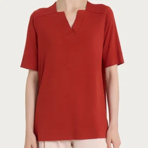 Maglietta con scollo a V in jersey di viscosa crêpe - Red Ochre