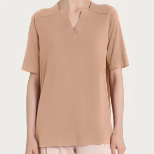 Maglietta con scollo a V in jersey di viscosa crêpe - Warm Taupe