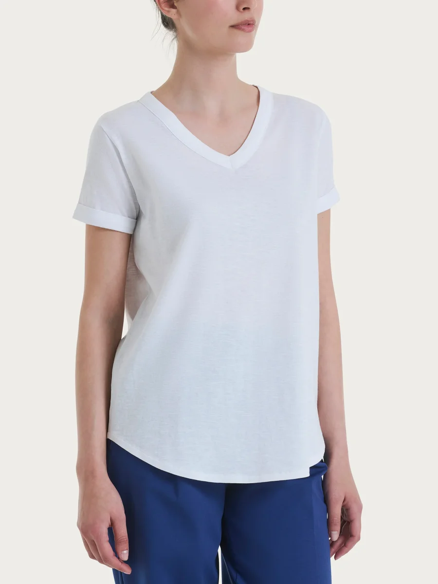 Maglietta con Scollo a V in slub jersey di cotone - Bianco - immagine 2