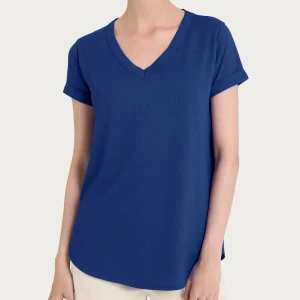 Maglietta con Scollo a V in slub jersey di cotone - Blueberry