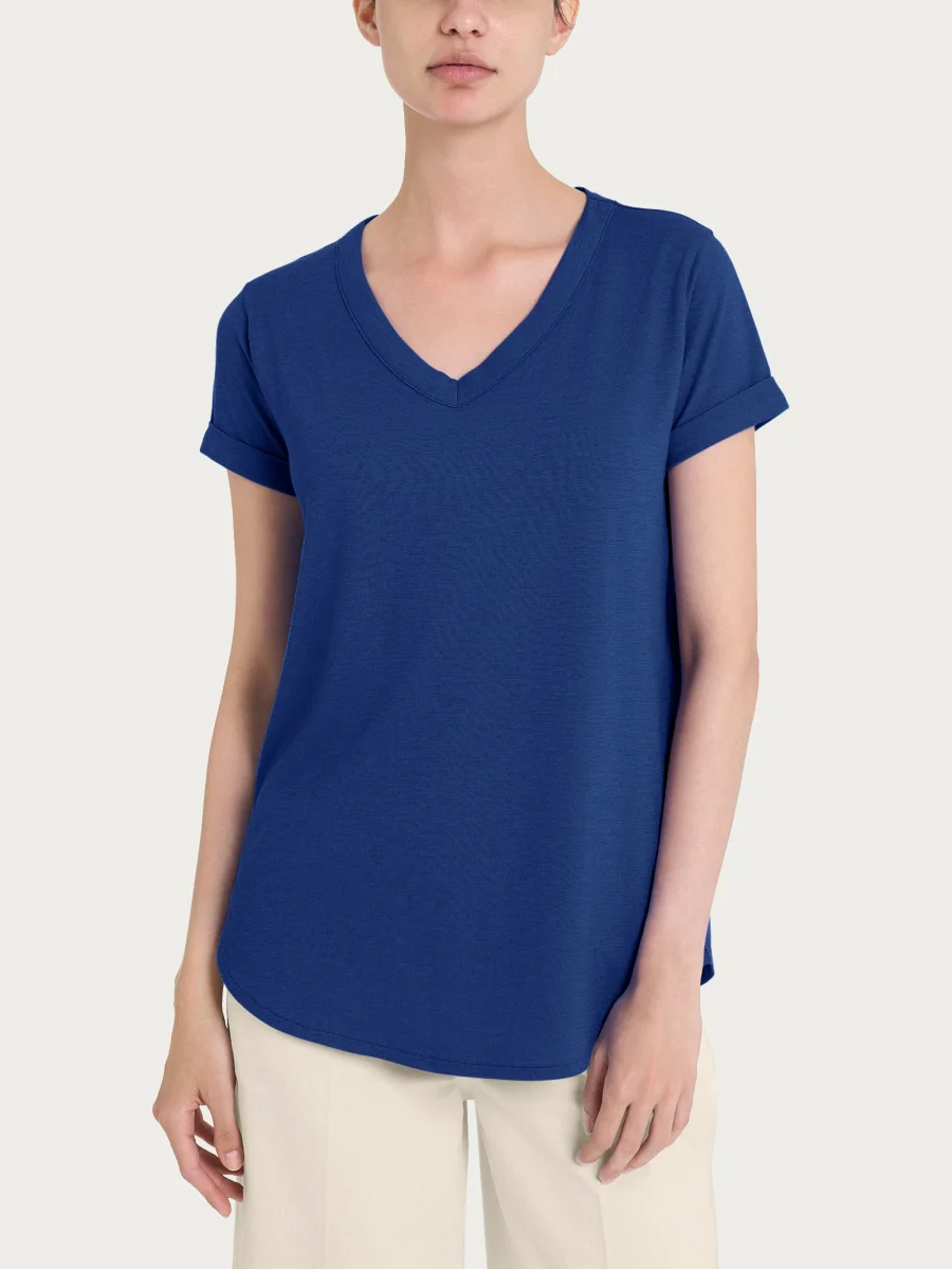 Maglietta con Scollo a V in slub jersey di cotone - Blueberry