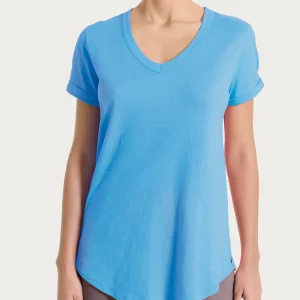 Maglietta con Scollo a V in slub jersey di cotone - Azure Blue