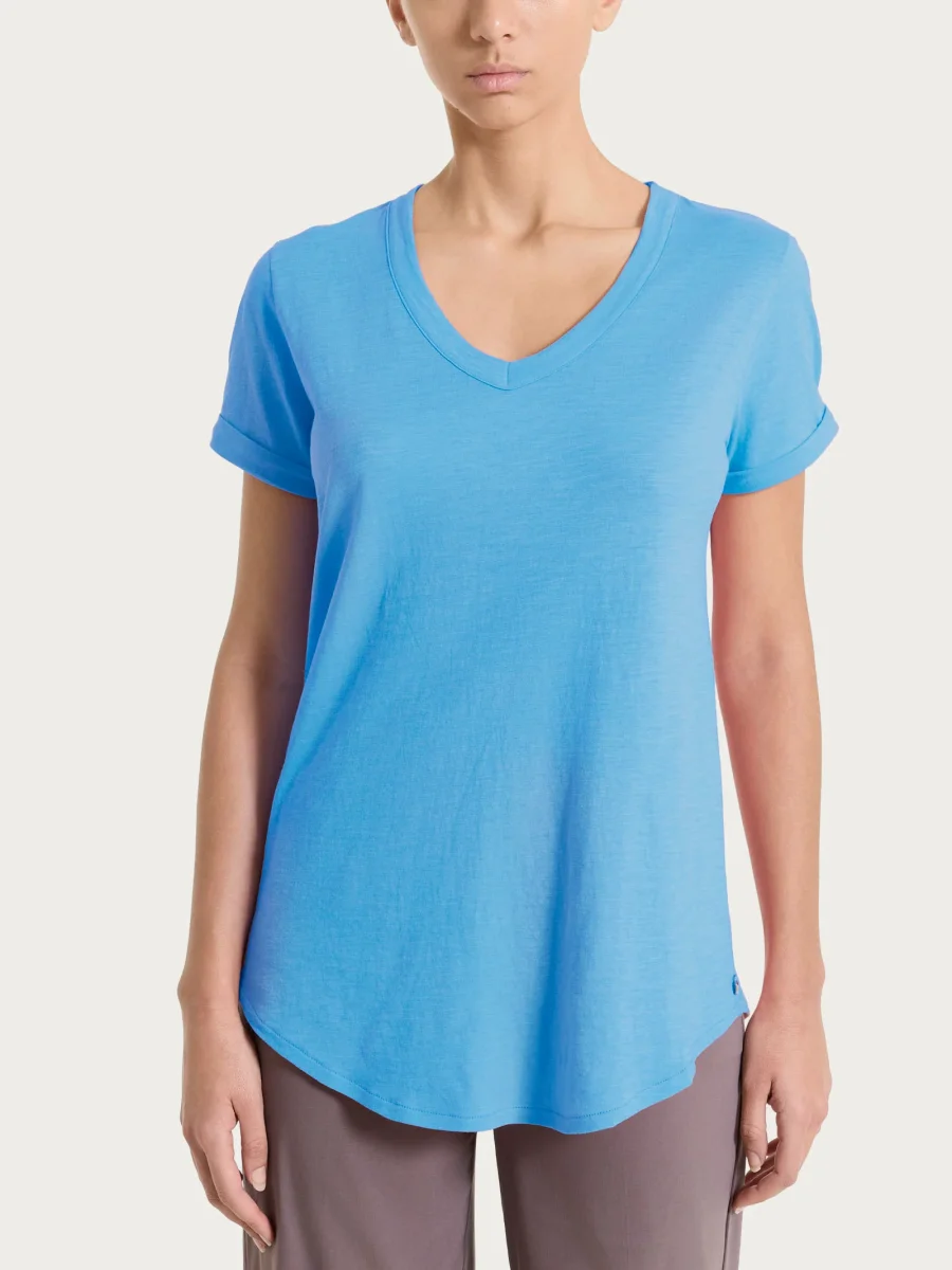 Maglietta con Scollo a V in slub jersey di cotone - Azure Blue - immagine 2