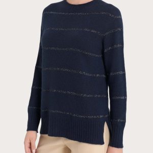 Maglia girocollo a righe in misto angora - Bleu