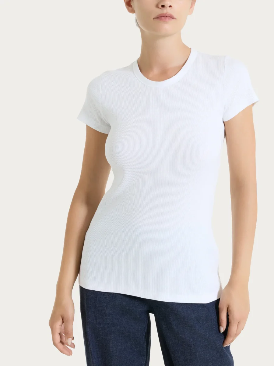Maglietta con manica corta in costina di cotone - Bianco