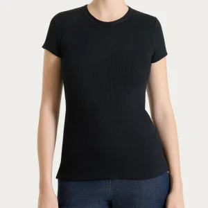 Maglietta con manica corta in costina di cotone - Nero