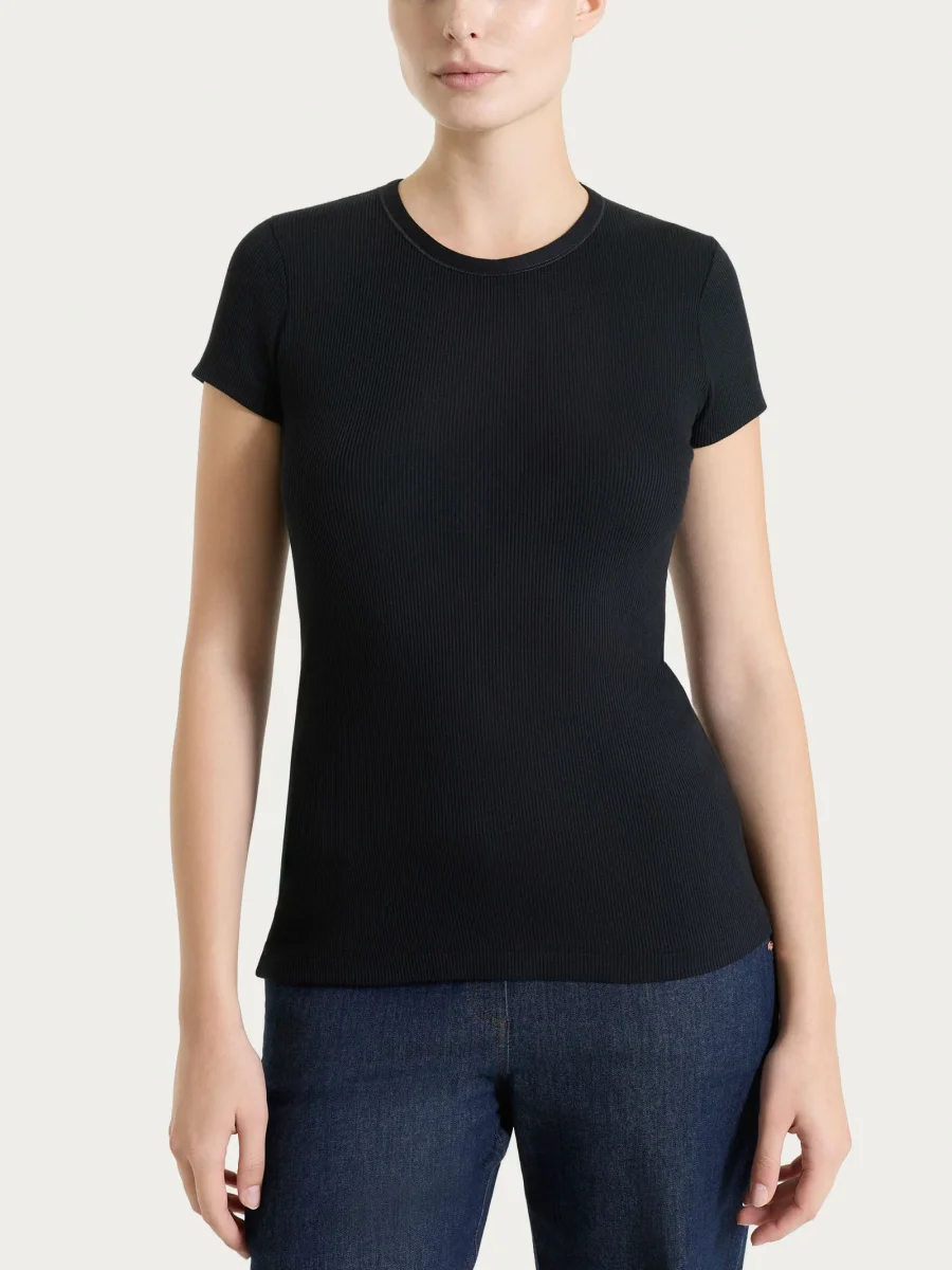 Maglietta con manica corta in costina di cotone - Nero