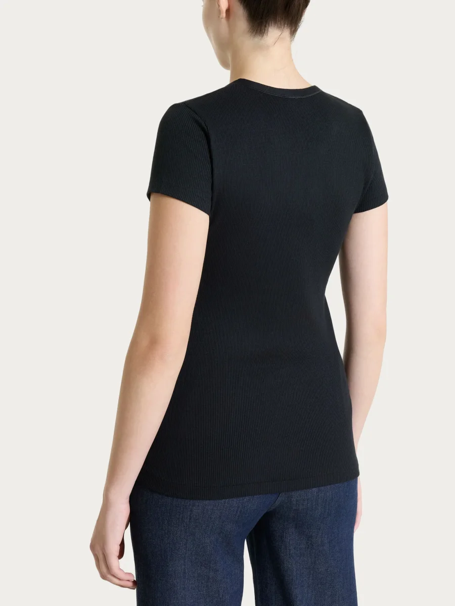 Maglietta con manica corta in costina di cotone - Nero - immagine 3