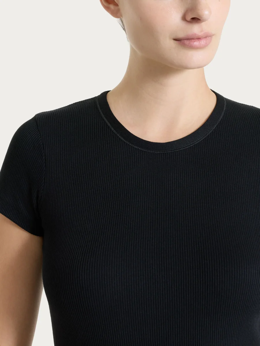 Maglietta con manica corta in costina di cotone - Nero - immagine 4