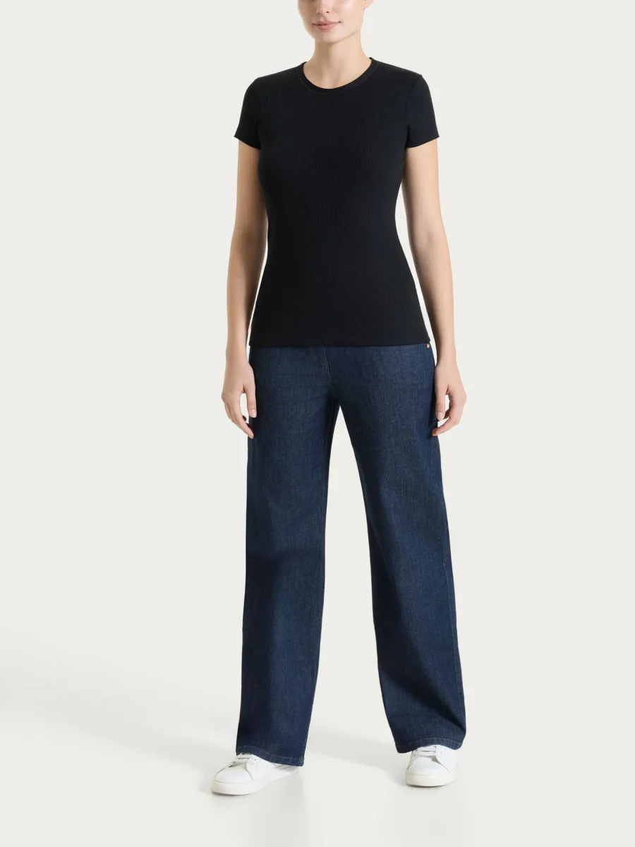 Maglietta con manica corta in costina di cotone - Nero - immagine 5