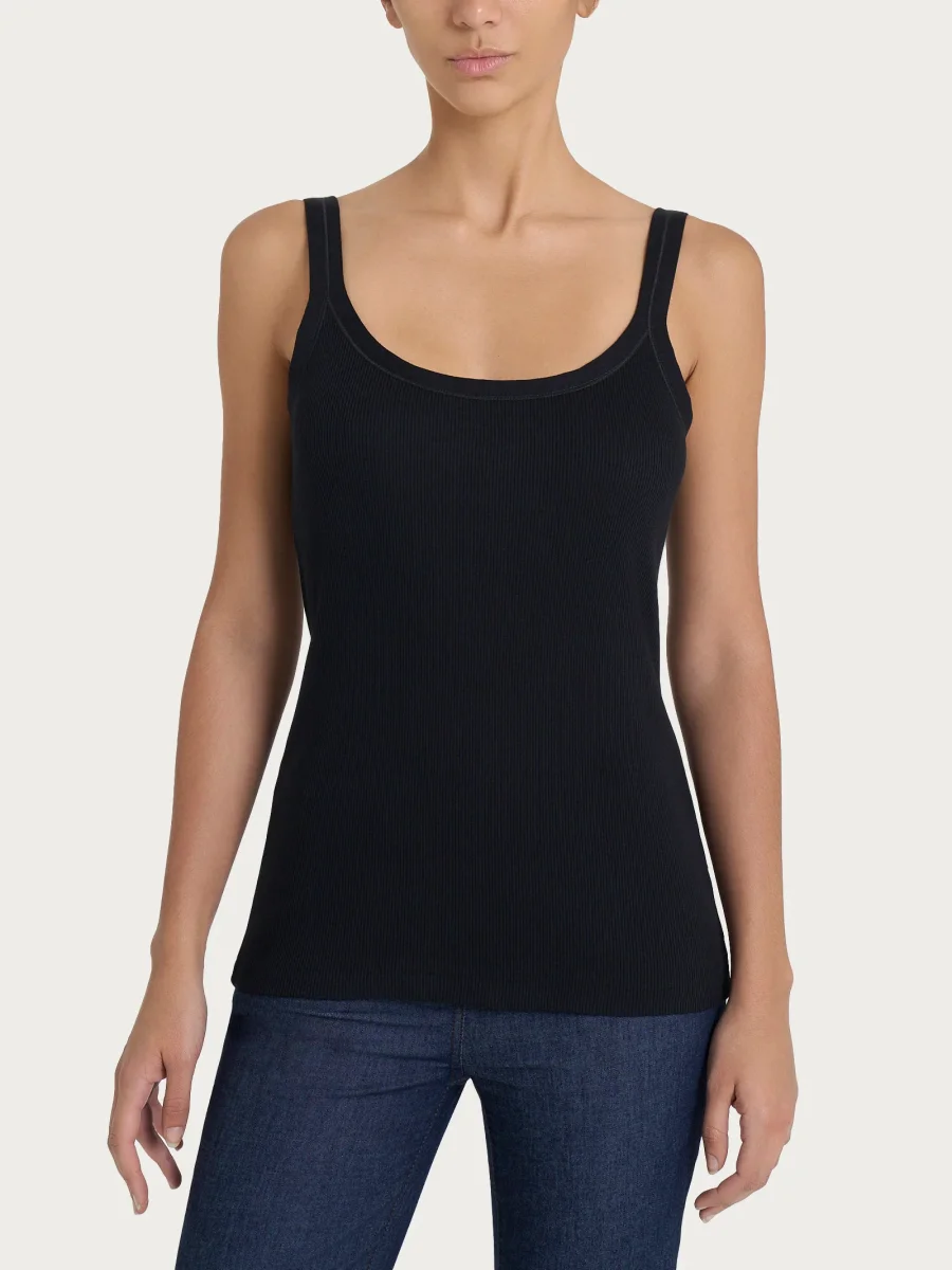 Canotta a spalla stretta in costina di cotone - Nero - immagine 3