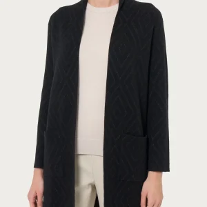 Cardigan lungo aperto con rombi in Super Soft - Nero