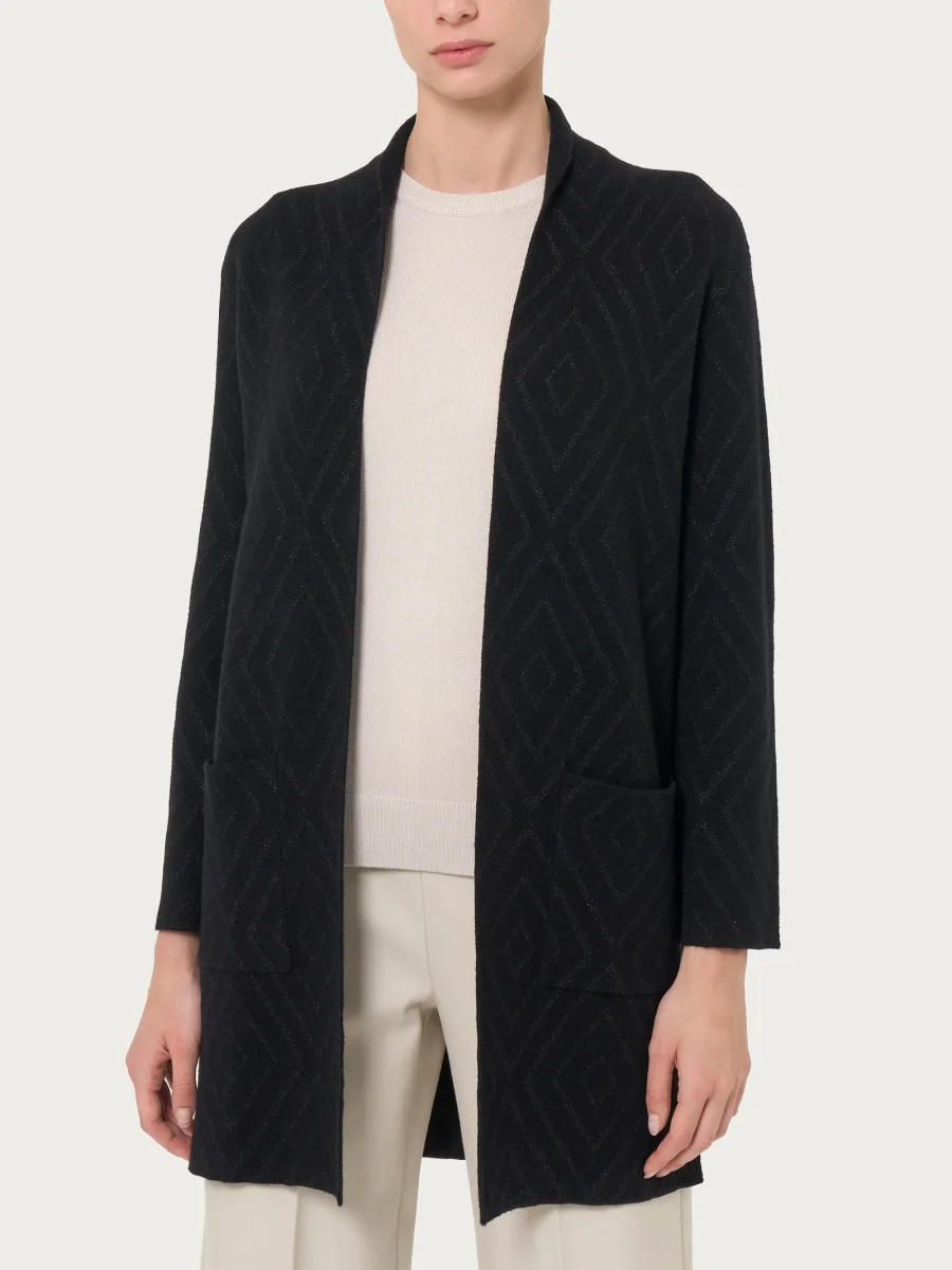 Cardigan lungo aperto con rombi in Super Soft - Nero - immagine 2