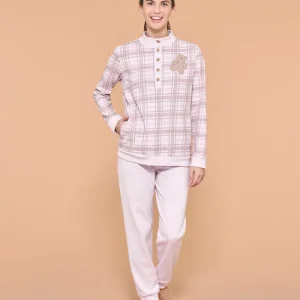 Pigiama a serafino con collo alto in interlock di cotone - Fant. Mauve Mist