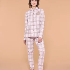 Pigiama tartan aperto con colletto in interlock di cotone - Fant. Mauve Mist