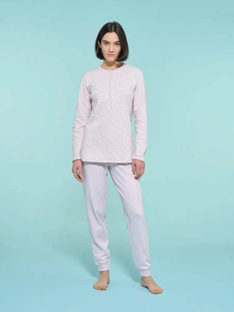 Pigiama a serafino con fiori in interlock di caldo cotone - Fant. Lavender Fog