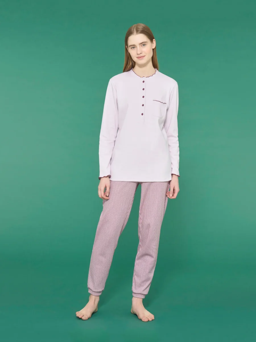 Pigiama a serafino con rouches in interlock di cotone - Fant. Lavender Fog