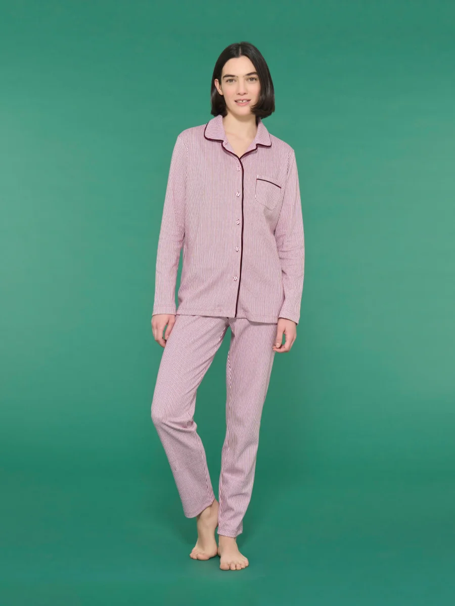 Pigiama aperto con colletto a righe in interlock di cotone - Fant. Lavender Fog