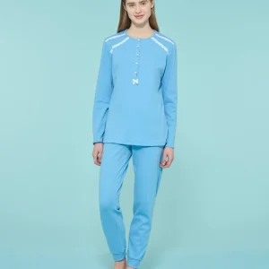 Pigiama a serafino con perline in interlock di cotone - Dusk Blue