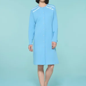 Camicia da notte aperta in interlock di cotone  - Dusk Blue