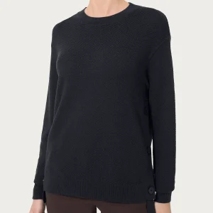 Pullover girocollo con bottoni laterali in Merino Soft - Nero