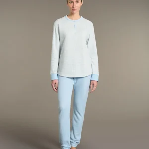 Pigiama a serafino con pied de poule in Cotton Eco Pile  - Fant. Sky Blue